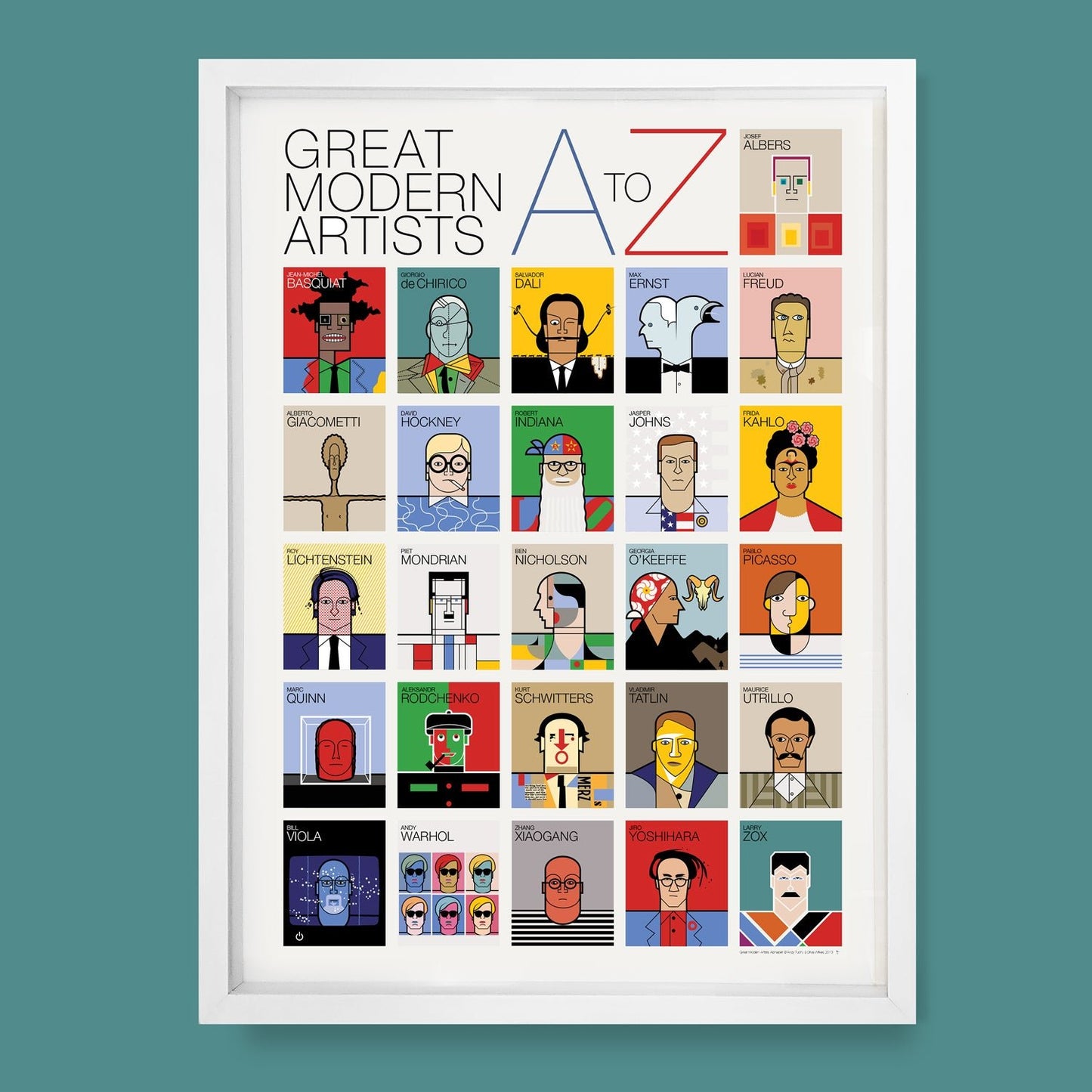 Great Modern Artists A–Z poster by Andy Tuohy — 26 stylised portraits arranged alphabetically