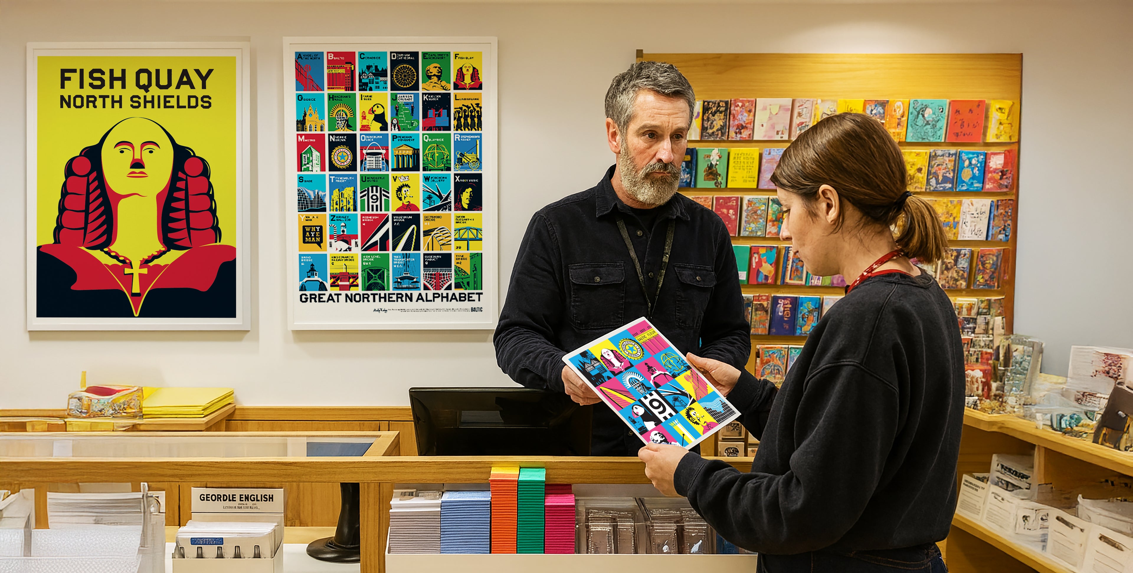 Vintage-inspired Andy Tuohy art prints and illustrated gifts on display at Bristol Zoo shop – wholesale supplier for galleries and museum gift stores.