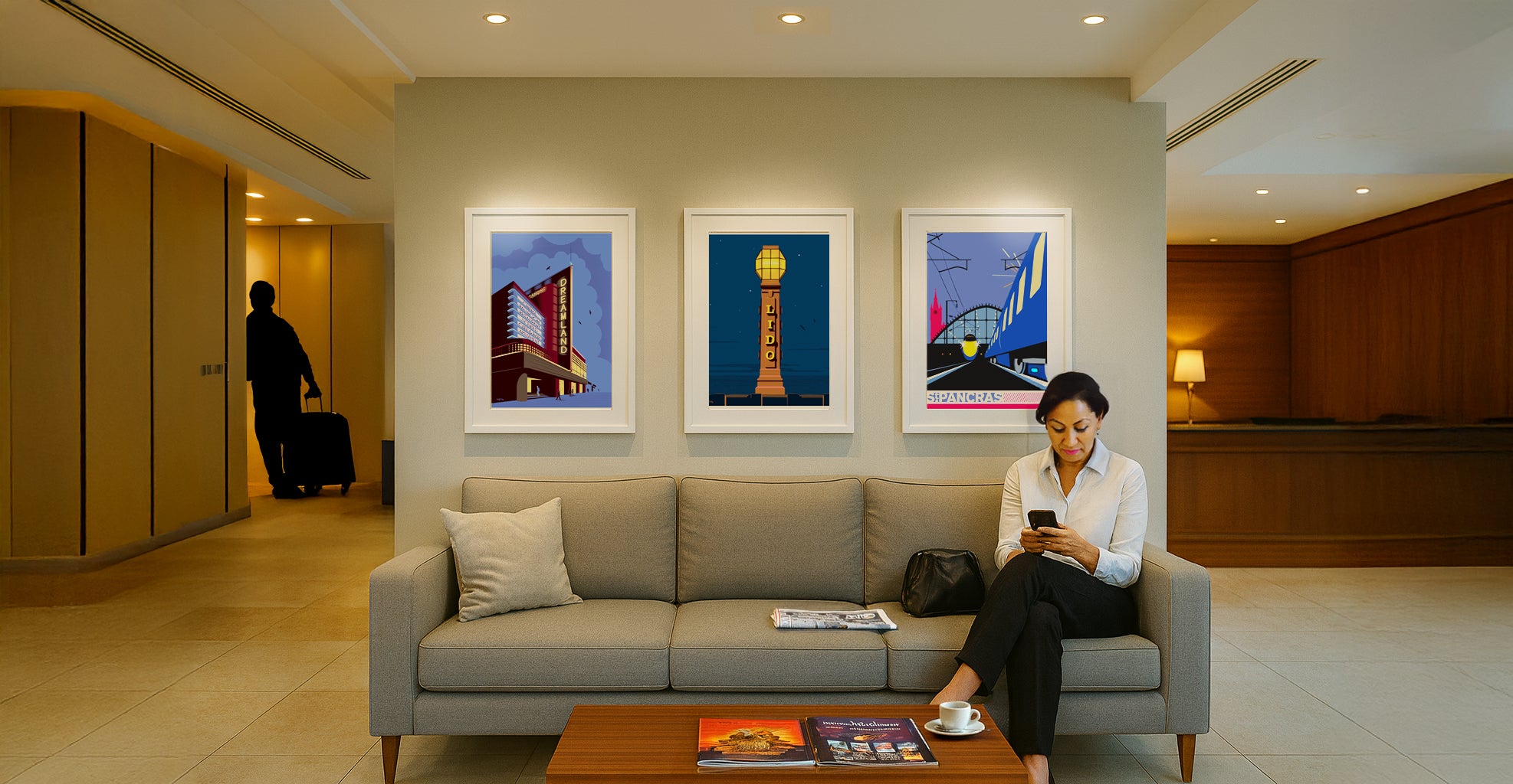 Framed Andy Tuohy art prints displayed in a hotel lobby – contemporary British artwork for boutique hotels, galleries, and interior designers.