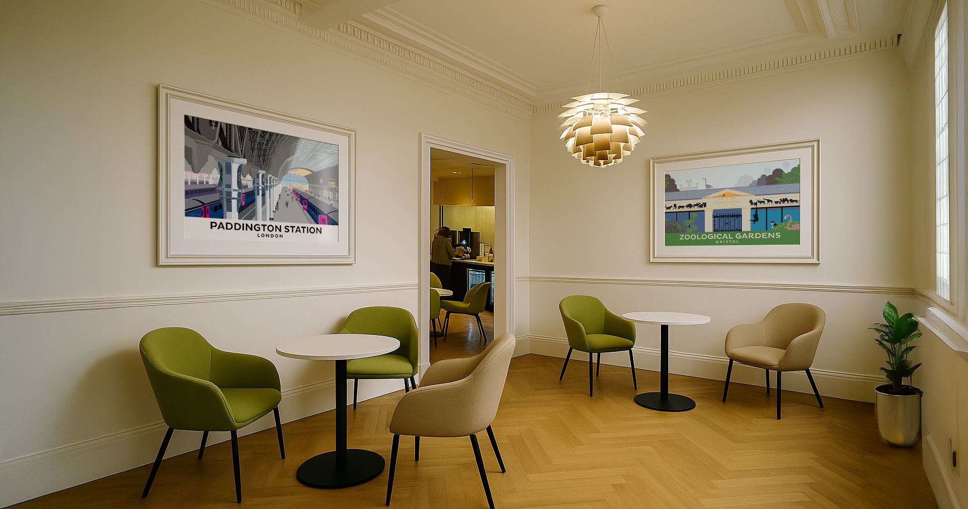 Andy Tuohy railway-themed art prints in a passenger lounge – trade supplier for heritage sites, galleries, and transport museums.