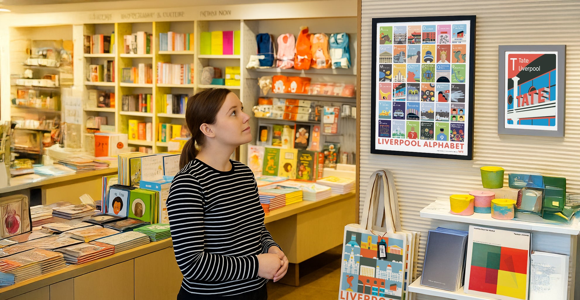 Andy Tuohy wholesale art prints and illustrated gifts on display in Tate Gallery shop – trade supplier for galleries, boutiques, and gift shops.