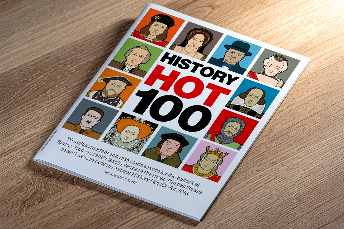 BBC History Magazine Hot 100 cover with illustrated historical figures.