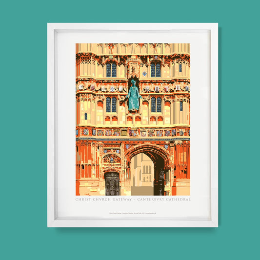 Christ Church Gateway Canterbury art print by Andy Tuohy — Cathedral entrance with Christ in Glory sculpture and Civil War history