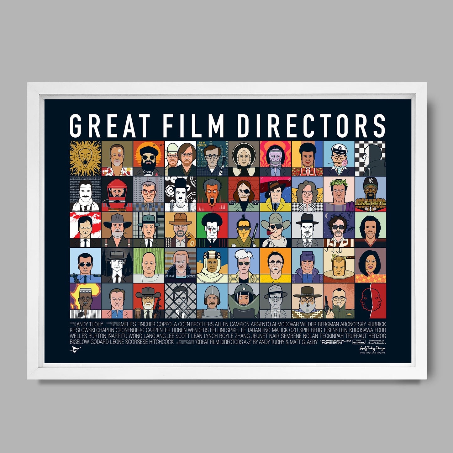 Great Film Directors poster by Andy Tuohy — grid of stylised portraits of world-renowned filmmakers