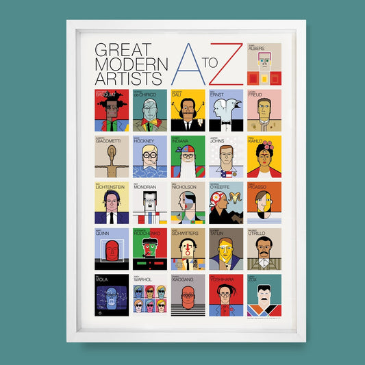 Great Modern Artists A–Z poster by Andy Tuohy — 26 stylised portraits arranged alphabetically