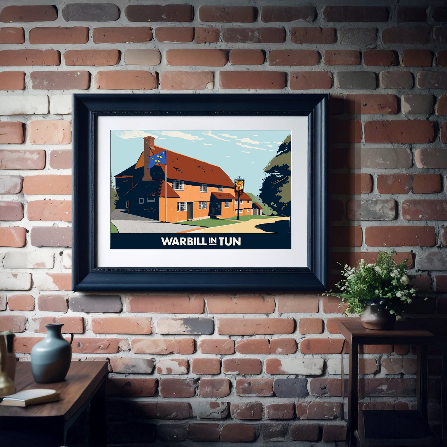 Framed bespoke illustration for Hawes Engineering showing local landmarks.