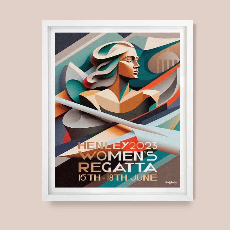 Henley Women’s Regatta 2023 limited edition poster by Andy Tuohy. Bold, modernist rowing print, signed and numbered on fine art paper.
