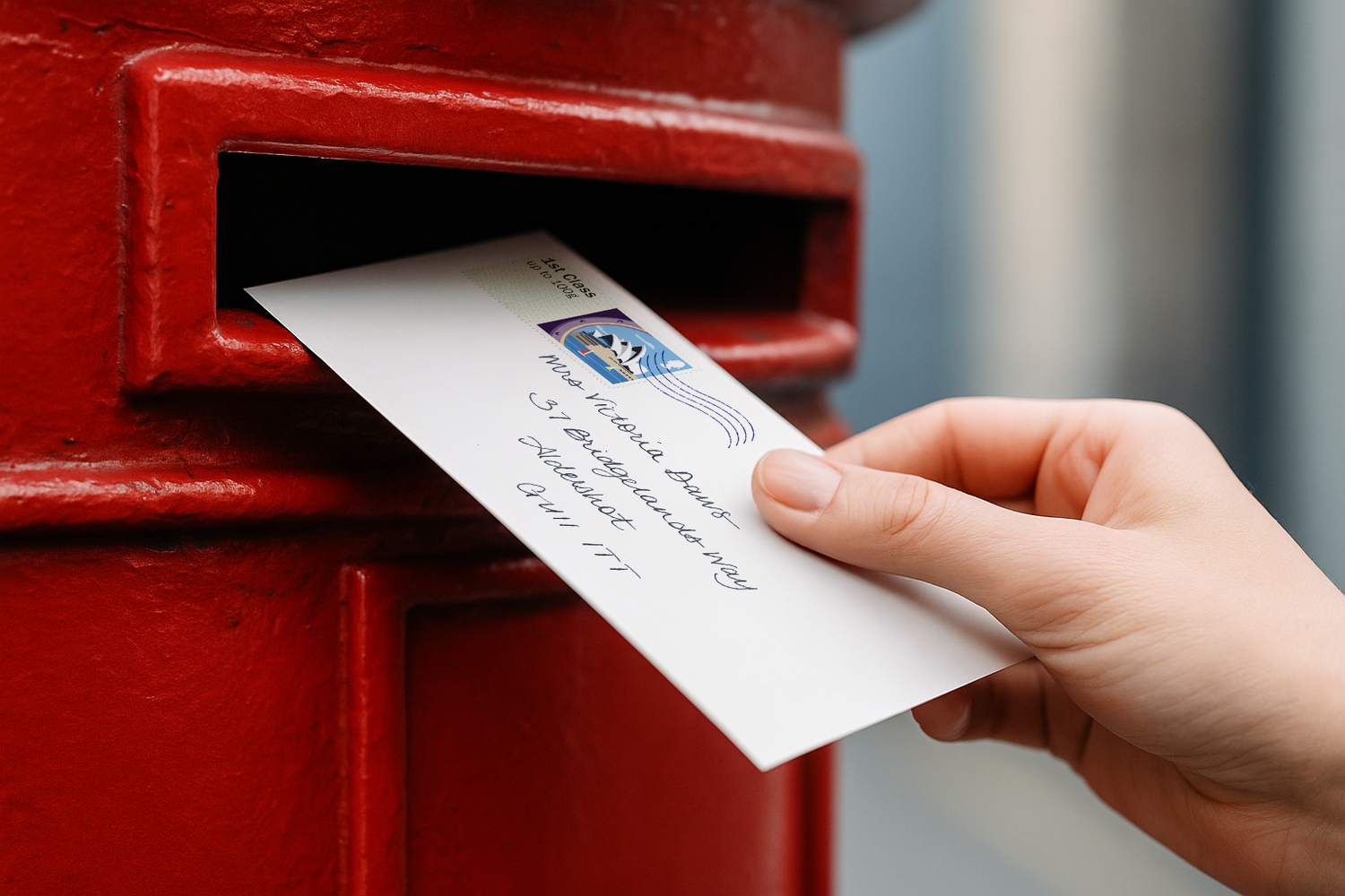Royal Mail Post & Go stamp artwork—letter posted into a red pillar box