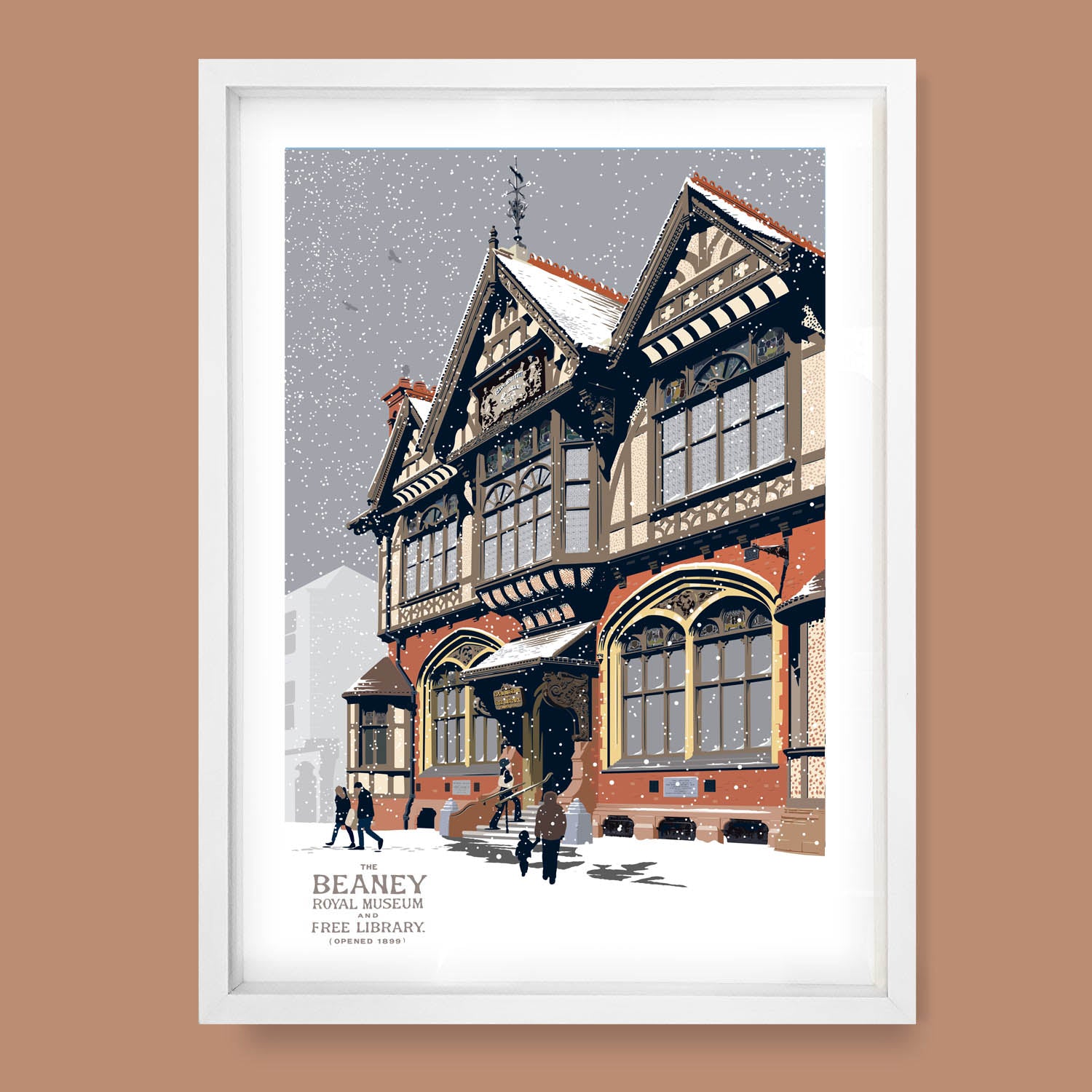 Snowy Beaney Canterbury art print by Andy Tuohy — limited edition Christmas poster of museum and library in winter