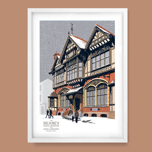 Snowy Beaney Canterbury art print by Andy Tuohy — limited edition Christmas poster of museum and library in winter