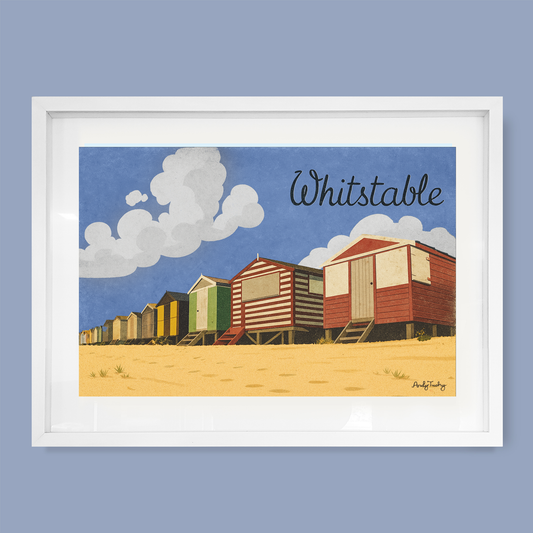 Whitstable Beach Huts art print by Andy Tuohy — limited edition poster of colourful Tankerton beach huts