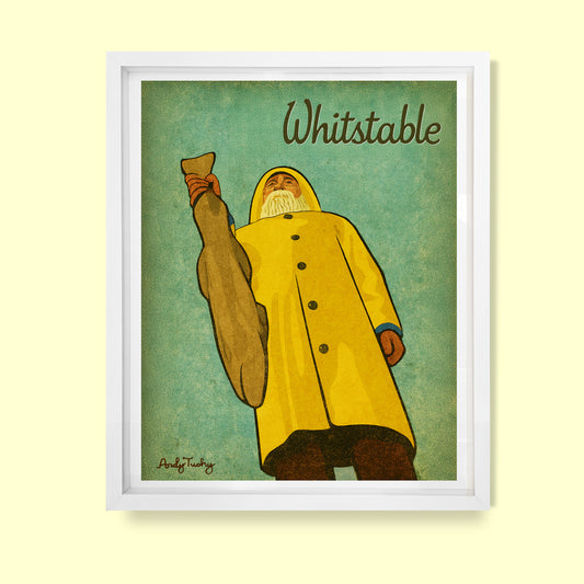 Whitstable Fisherman statue art print by Andy Tuohy — limited edition poster outside the Fish Market, Whitstable Harbour, Kent