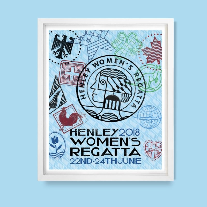 Henley Women’s Regatta 2018 limited edition poster by Andy Tuohy. Modernist, vintage-inspired rowing print, signed and numbered on fine art paper.
